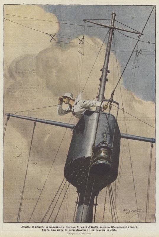 Enquanto o inimigo está se escondendo ou solapando, navios italianos navegam livremente pelos mares de Achille Beltrame