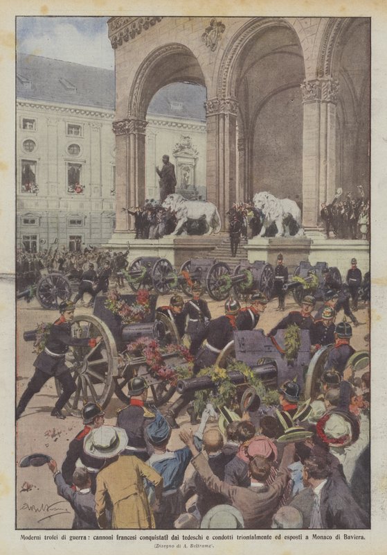 Troféus de guerra modernos, canhões franceses conquistados pelos alemães e triunfalmente conduzidos de Achille Beltrame