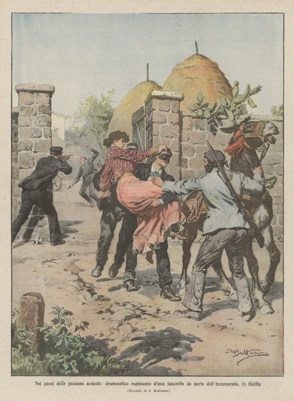 Nos países de paixões ardentes, um arrebatamento dramático de uma jovem garota por seu amante, na Sicília de Achille Beltrame