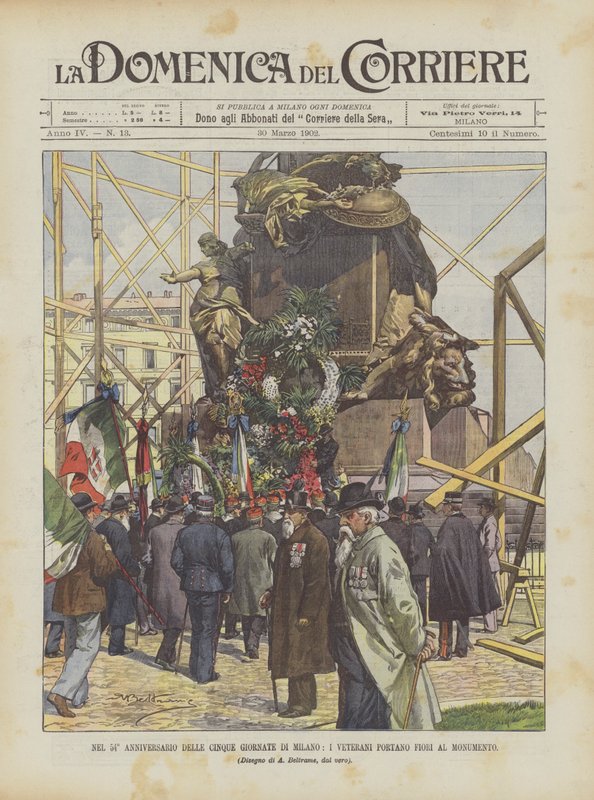 No 54º aniversário dos cinco dias de Milão, os veteranos trazem flores para o monumento de Achille Beltrame