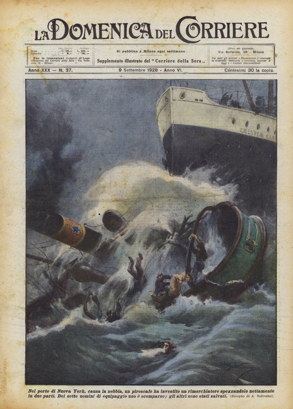 No porto de Nova York, devido ao nevoeiro, um vapor atingiu um rebocador quebrando-o de Achille Beltrame