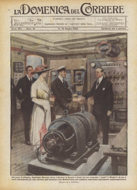 No porto de Sevilha, Guglielmo Marconi recebe os soberanos da Espanha a bordo de seu magnífico de Achille Beltrame