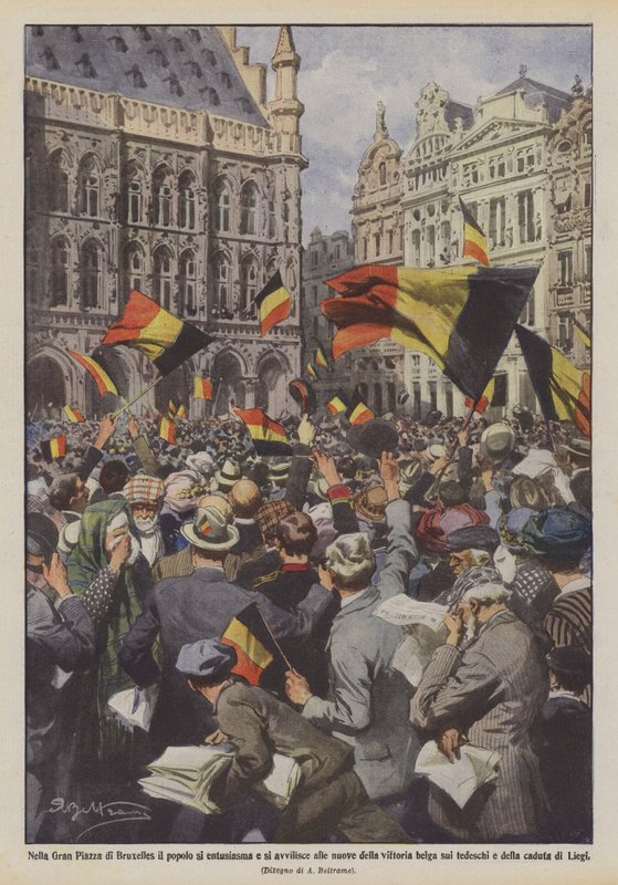 Na Grand Place de Bruxelas, o povo está entusiasmado e humilhado pelos novos da vitória belga sobre os alemães e a cadufa de Liège. de Achille Beltrame