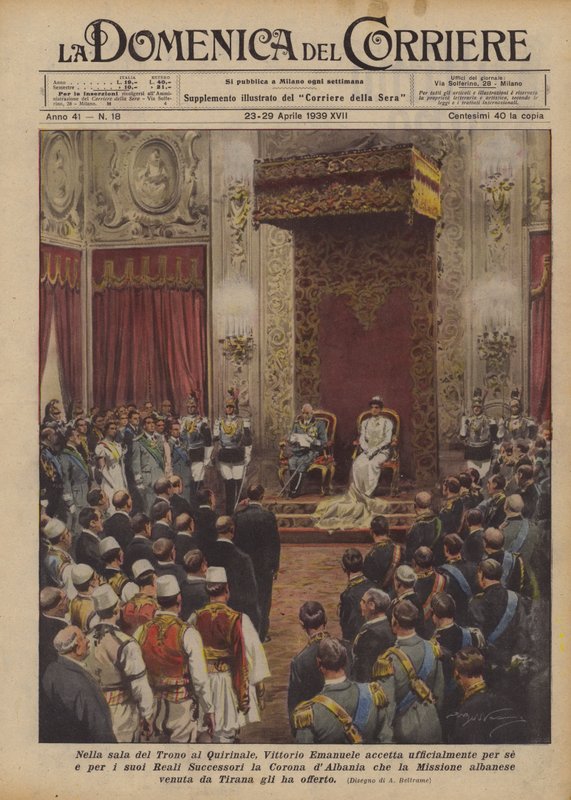 Na sala do trono no Quirinale, Vittorio Emanuele aceita oficialmente para si e para o seu de Achille Beltrame