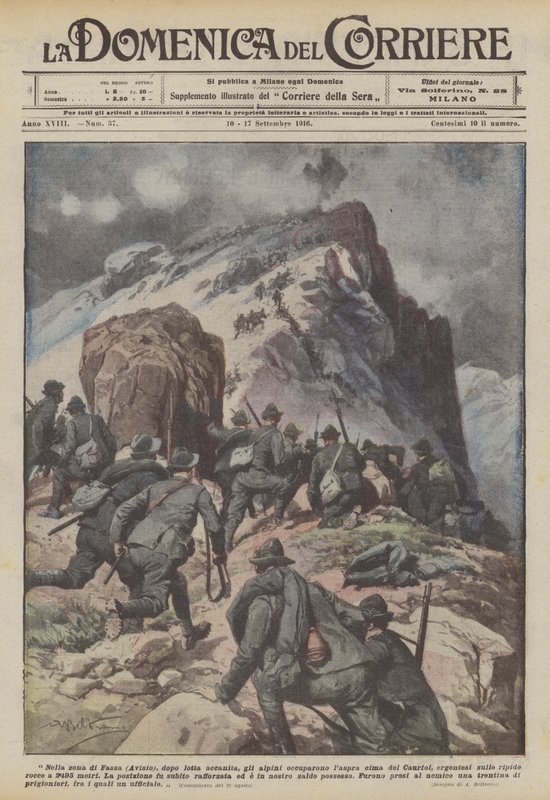 Na área de Fassa (Avisio), após combates ferozes, os Alpini ocuparam o pico superior do Cauriol de Achille Beltrame