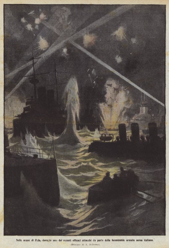 Nas águas de Pula, durante um dos recentes ataques efetivos da formidável força aérea italiana de Achille Beltrame