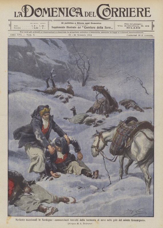 Quedas de neve excepcionais na Sardenha, comerciantes oprimidos pela tempestade de neve nas gargantas do Monte Gennargentu de Achille Beltrame