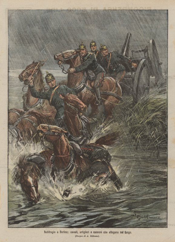 Tempestade em Berlim, cavalos, artilheiros e canhões se afogando na lama de Achille Beltrame