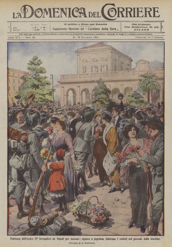 Partida do heróico ll bersaglieri de Nápoles para Ancona, senhoras e plebeus florescem soldados de Achille Beltrame