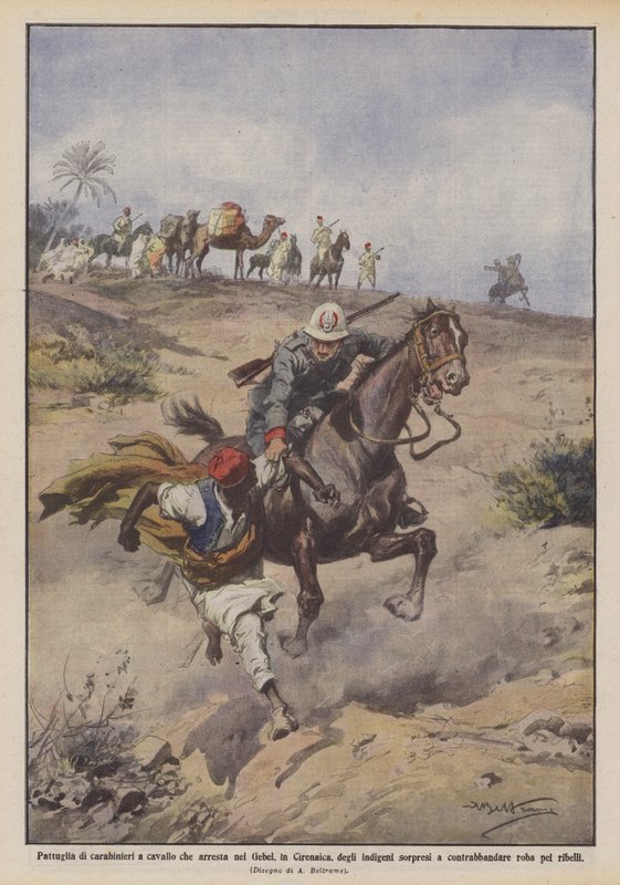 Carabinieri a cavalo que pára no Gebel, em Cirenaica, os nativos surpresos de Achille Beltrame