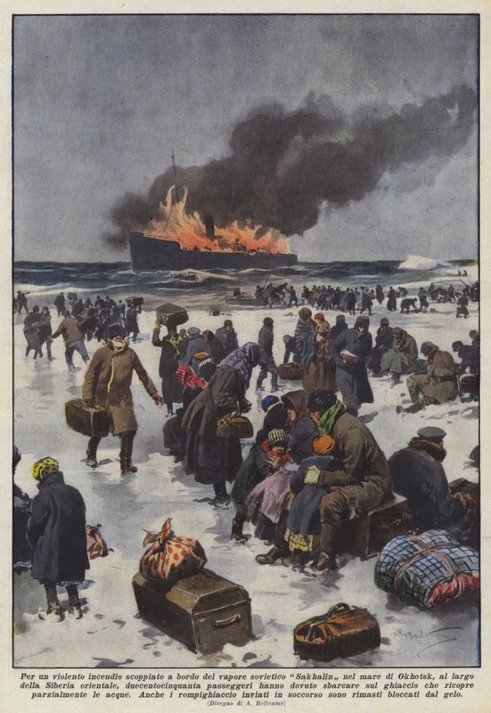 Pois um violento incêndio irrompeu a bordo do vapor soviético Sakhalin no Mar de Okhotsk de Achille Beltrame