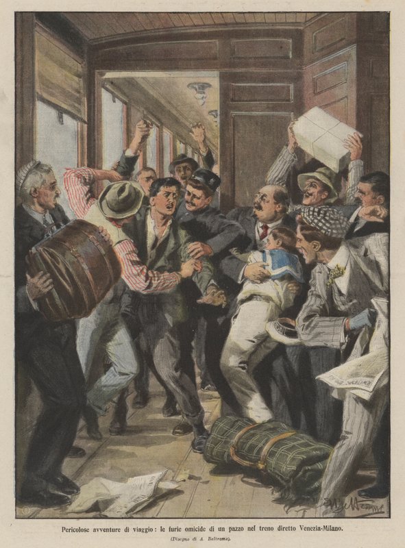 Aventuras de viagem perigosas, a fúria assassina de um louco no trem direto de Veneza-Milão de Achille Beltrame