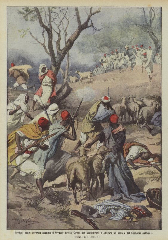 Os saqueadores árabes surpreenderam durante o acampamento perto de Cirene para forçá-los a libertar um chefe e o de Achille Beltrame