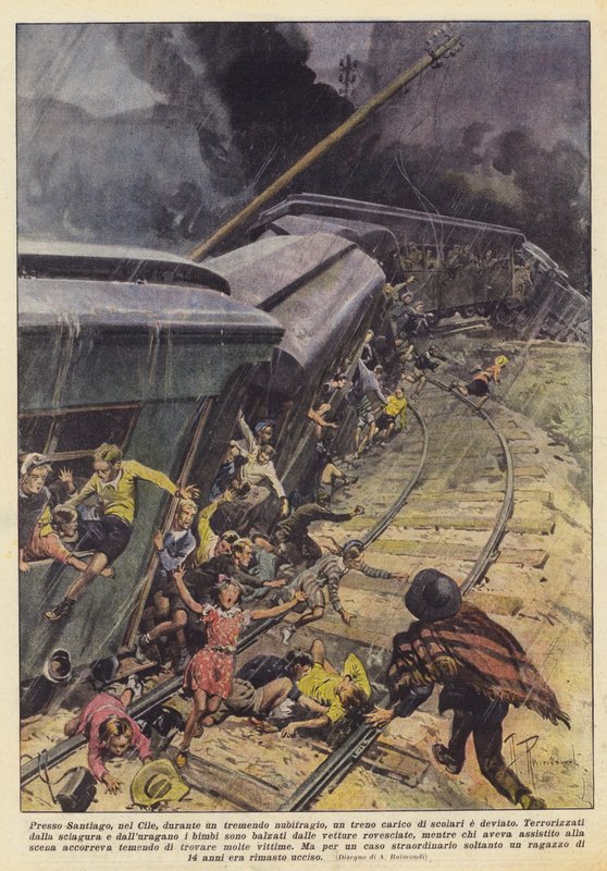 Em Santiago, Chile, durante uma tremenda tempestade, um trem carregado de estudantes e desviado de Achille Beltrame