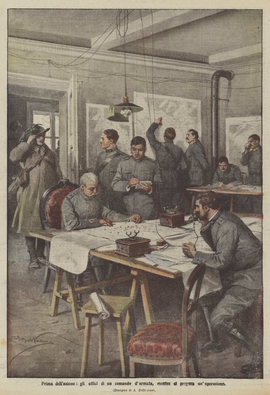 Antes da ação, os escritórios de um comando darmata, durante a preparação de uma operação de Achille Beltrame