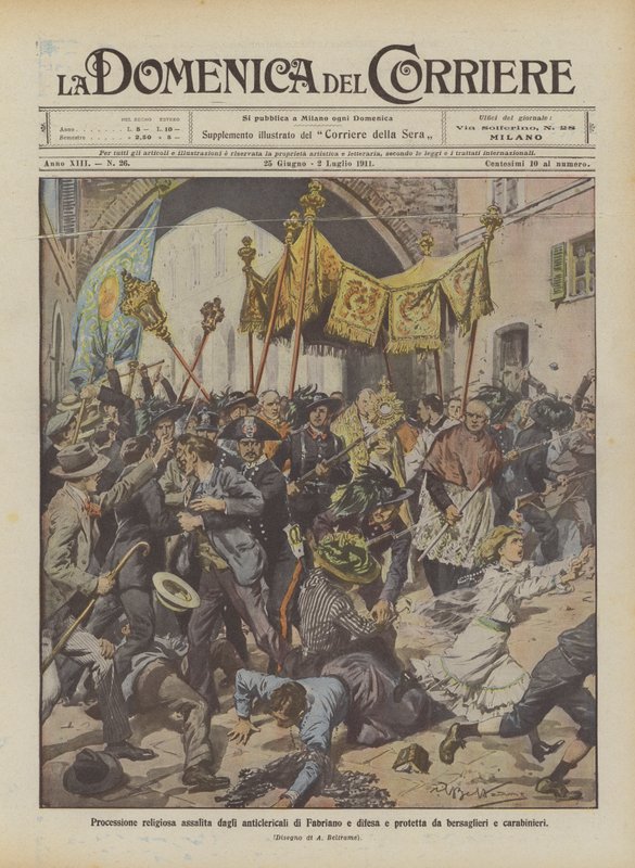 Procissão religiosa atacada pelo anticlerical de Fabriano e defendida e protegida por Bersaglieri e Carabinieri de Achille Beltrame