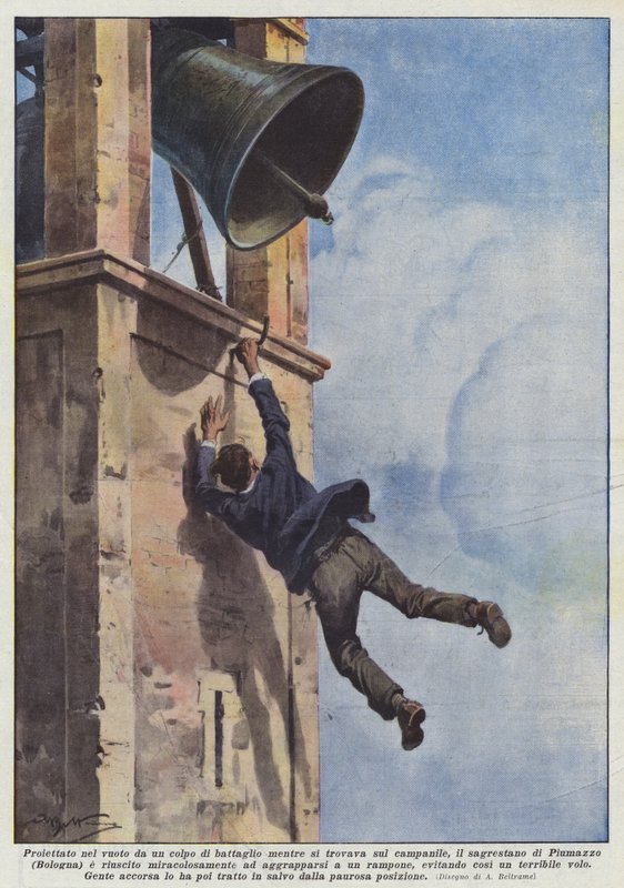 Projetado no vazio por um bate palpite em pé na torre do sino, o sacristão de Achille Beltrame