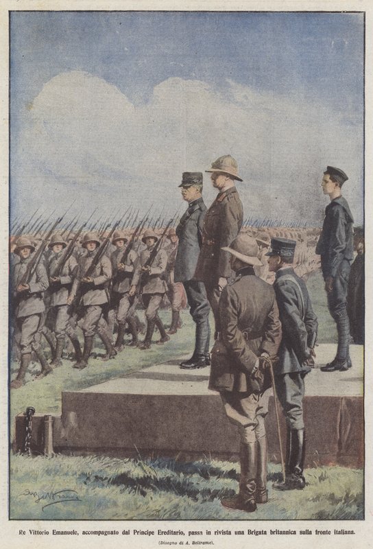 O rei Vittorio Emanuele, acompanhado pelo príncipe herdeiro, passa uma brigada em revista de Achille Beltrame