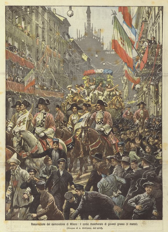 Ressurreição do carnovalone de Milão, o curso mascarado de gordura de quinta-feira (9 de março) de Achille Beltrame