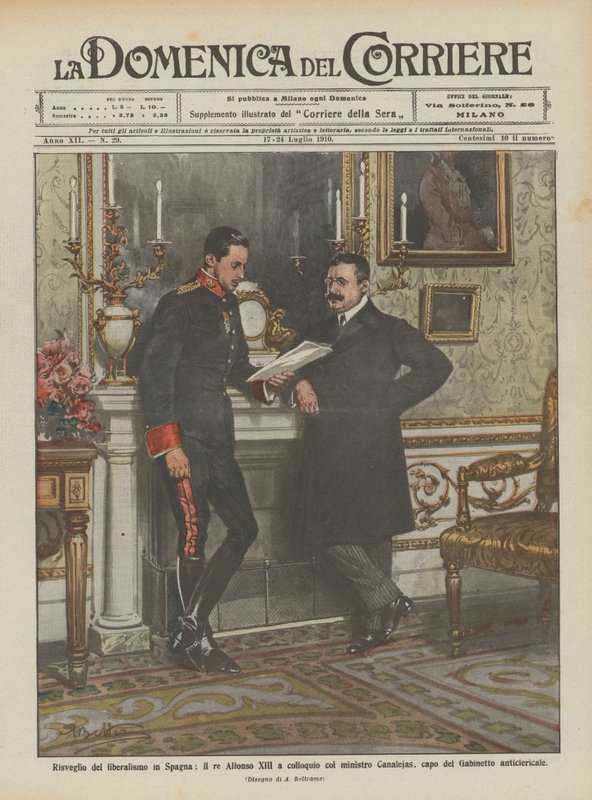 Despertar o liberalismo na Espanha, o rei Alfonso XIII em conversa com o ministro Canalejas de Achille Beltrame