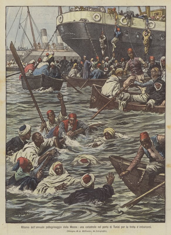 Retorno da peregrinação anual de Meca, uma catástrofe no porto de Túnis pela pressa de decolar de Achille Beltrame