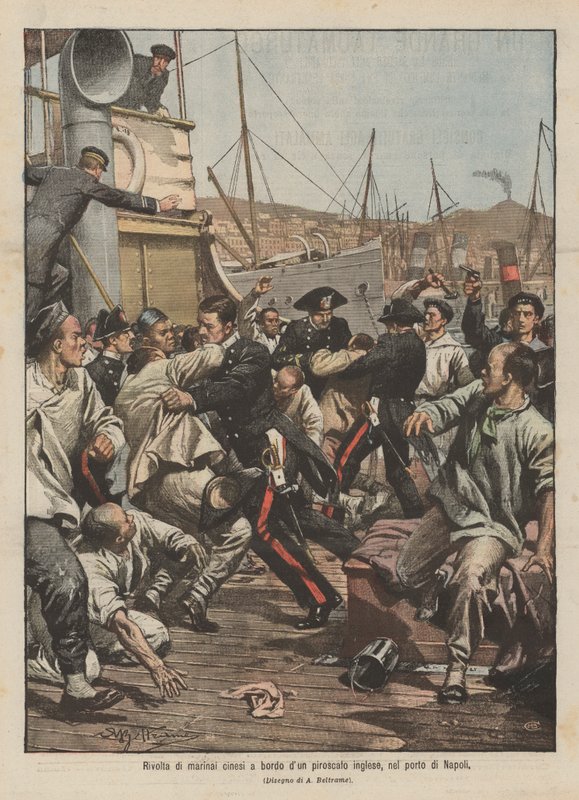 Revolta de marinheiros chineses a bordo de um navio inglês, no porto de Nápoles de Achille Beltrame