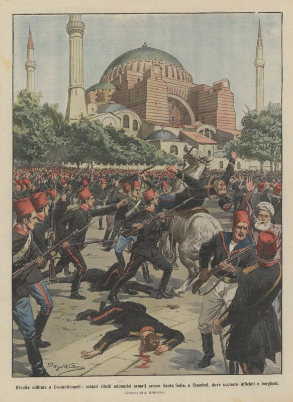 Revolta militar em Constantinopla, soldados rebeldes armados armados na Hagia Sophia, em Istambul de Achille Beltrame
