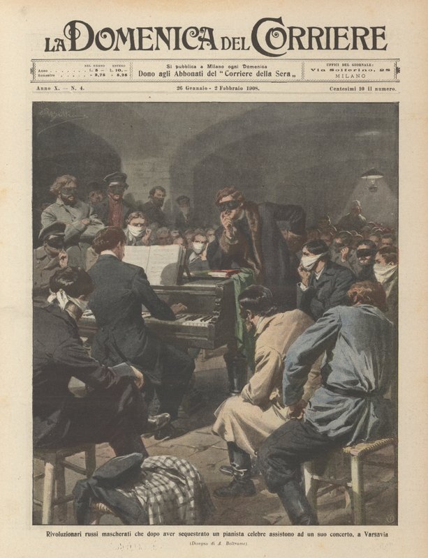 Revolucionários russos mascarados que, depois de se apoderar de um célebre pianista, ajudam um dos seus de Achille Beltrame