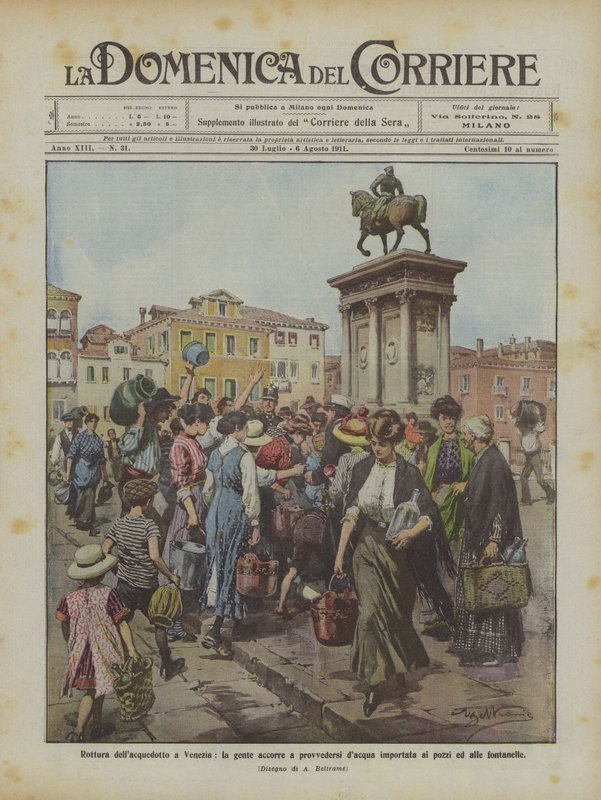 Quebrando o aqueduto em Veneza, as pessoas correm para fornecer água importada para os poços e fontes de Achille Beltrame