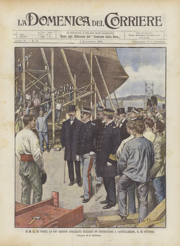 SM o rei visita o maior navio de guerra italiano em construção em Castellamare, 23 de outubro de Achille Beltrame