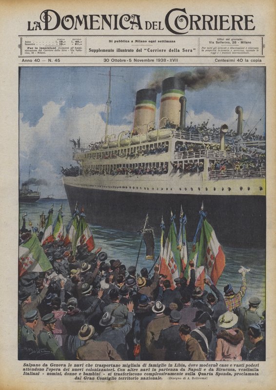 Navios que transportam milhares de famílias para a Líbia de Gênova, onde casas modernas e vastas de Achille Beltrame