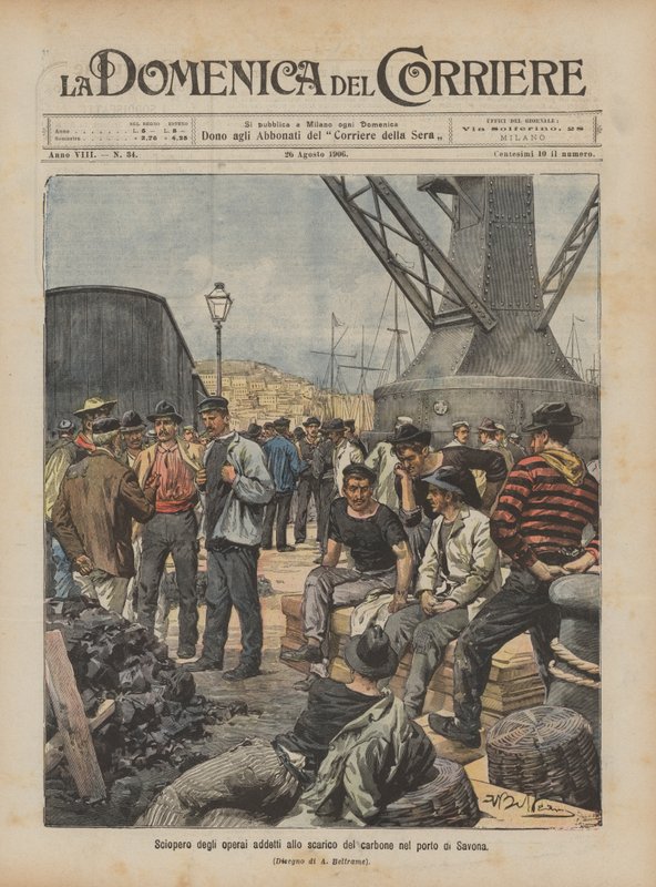 Greve dos trabalhadores envolvidos na descarga de carvão no porto de Savona de Achille Beltrame