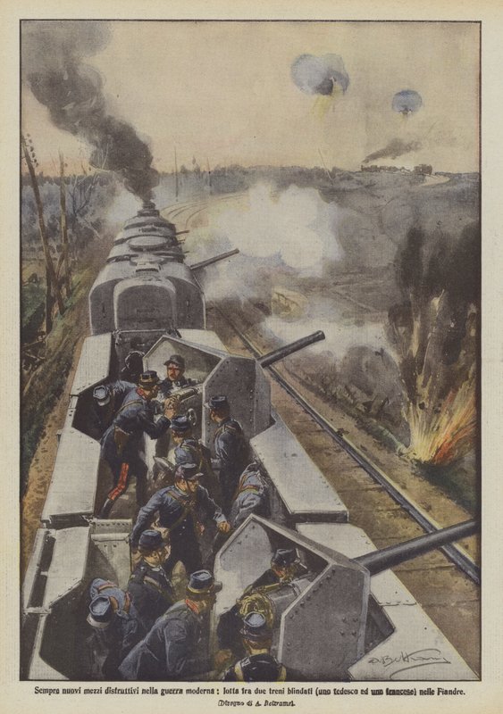Sempre novos meios destrutivos na guerra moderna, luta entre dois trens blindados (um dos alemães e um francês) em Flandres de Achille Beltrame