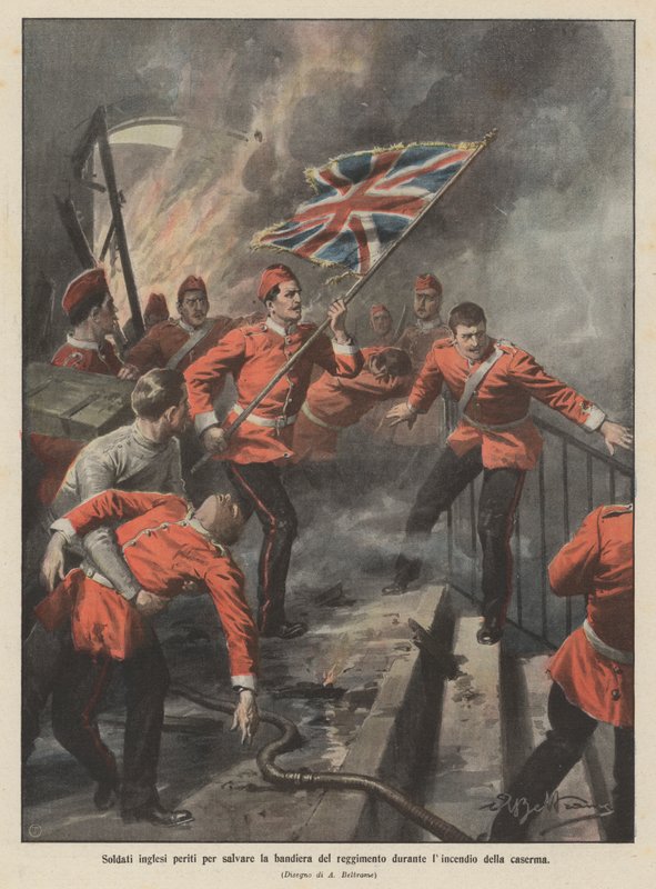Soldados ingleses pereceram para salvar a bandeira do regimento durante o incêndio no quartel de Achille Beltrame