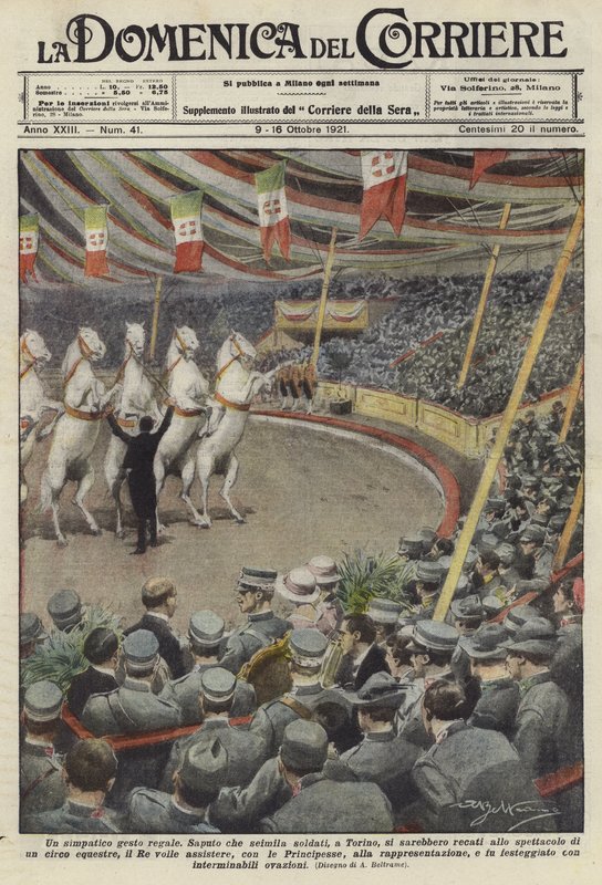 Soldados assistindo a realização de cavalos em um circo em Turim de Achille Beltrame
