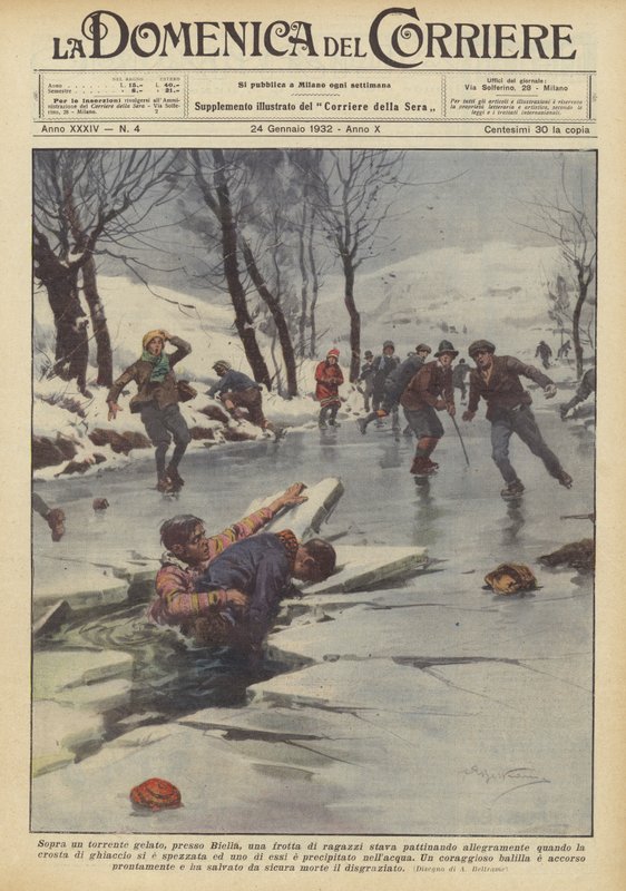 Sobre um riacho congelado, perto de Biella, uma multidão de meninos estava patinando feliz de Achille Beltrame