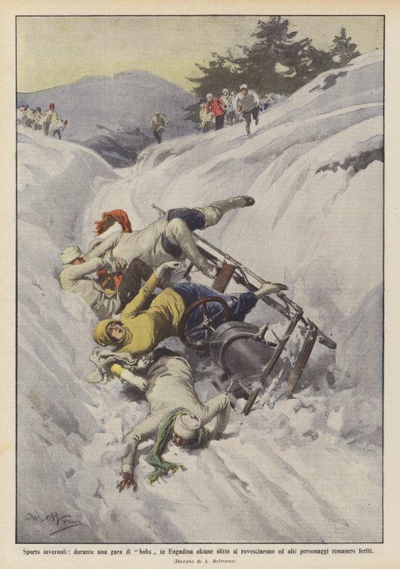 Esportes de inverno, durante uma corrida de trenó no Engadine, alguns trenós foram derrubados e alto de Achille Beltrame