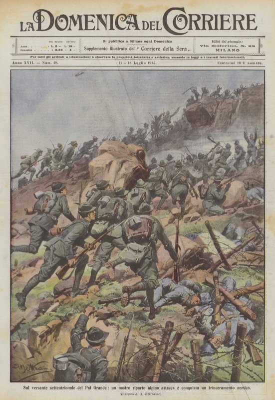 No lado norte do Pal Grande, um dos nossos distritos alpinos ataca e conquista uma vala inimiga de Achille Beltrame