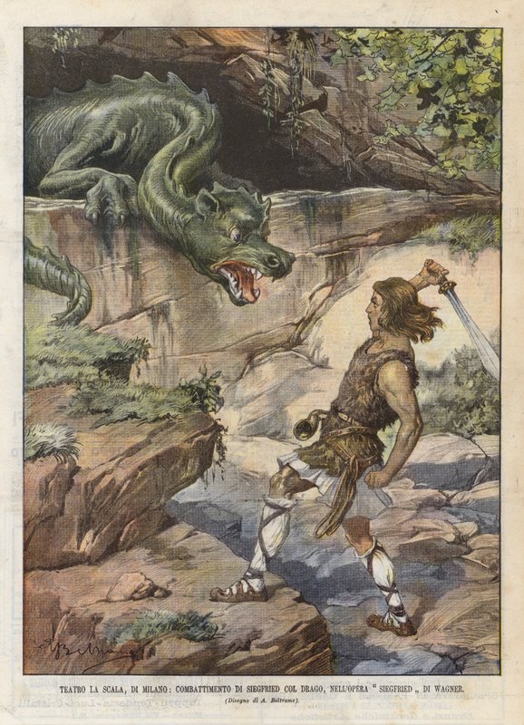 Teatro La Scala, Milão, Luta De Siegfried Col Drago, Na Ópera Siegfried De Wagner de Achille Beltrame