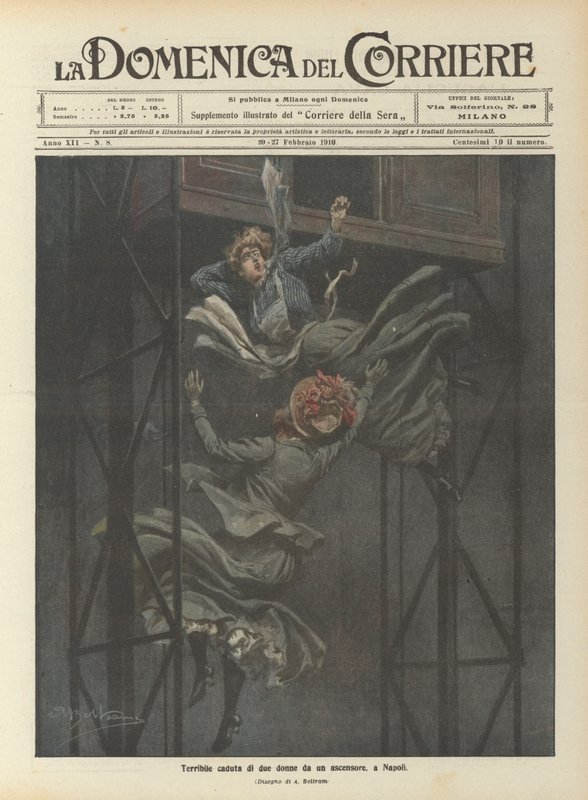 Terrível queda de duas mulheres de um elevador, em Nápoles de Achille Beltrame