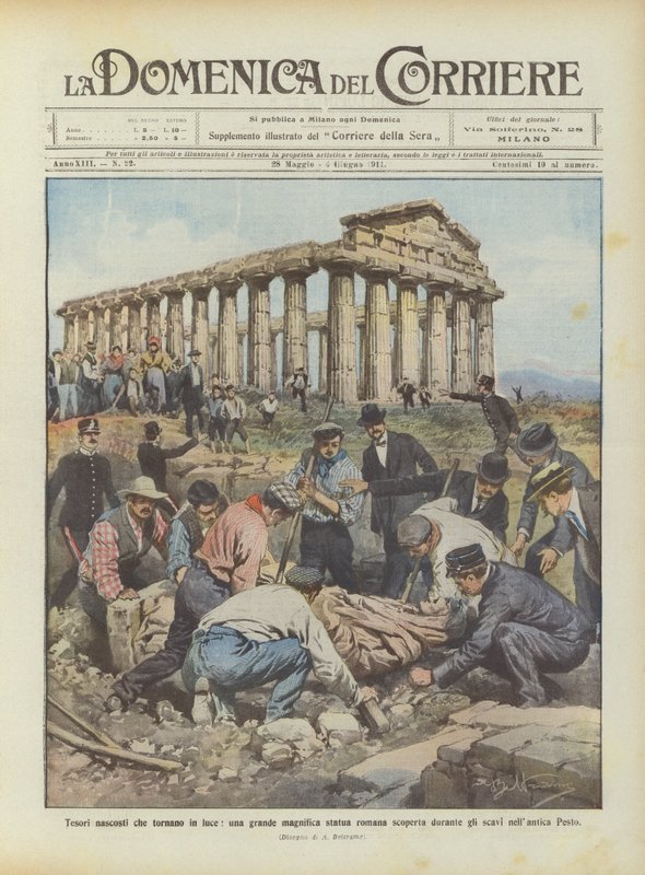 Tesouros escondidos que voltam à luz, uma grande estátua romana magnífica descoberta durante as escavações de Achille Beltrame
