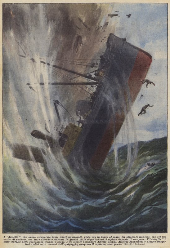 A Garra, que tinha recuperado tantos tesouros naufragados, encontra-se agora no fundo do mar (cor litho) de Achille Beltrame