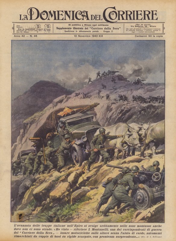 O avanço das tropas italianas em Épiro faz-se corajosamente em zonas montanhosas, mesmo quando não há estradas (litografia a cores) de Achille Beltrame