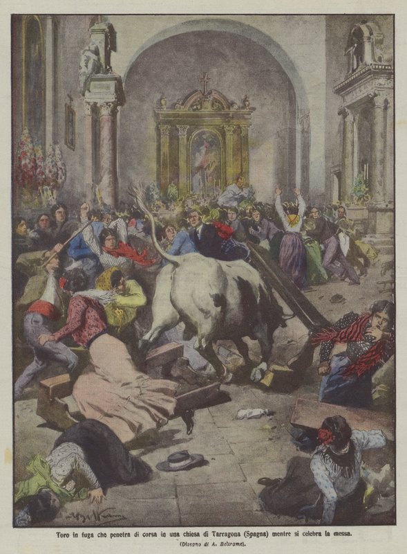 Touro em fuga entrando em uma igreja em Tarragona (Espanha) enquanto a missa é celebrada de Achille Beltrame