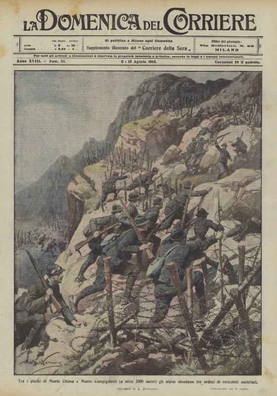 Entre os picos do Monte Chiesa e Monte Campigoletti (mais de 2000 metros), as tropas alpinas quebram três de Achille Beltrame