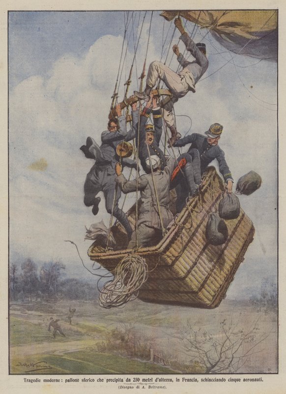 Tragédias modernas, um balão esférico que cai a 250 metros de altura, na França, esmagando cinco aeronautas de Achille Beltrame