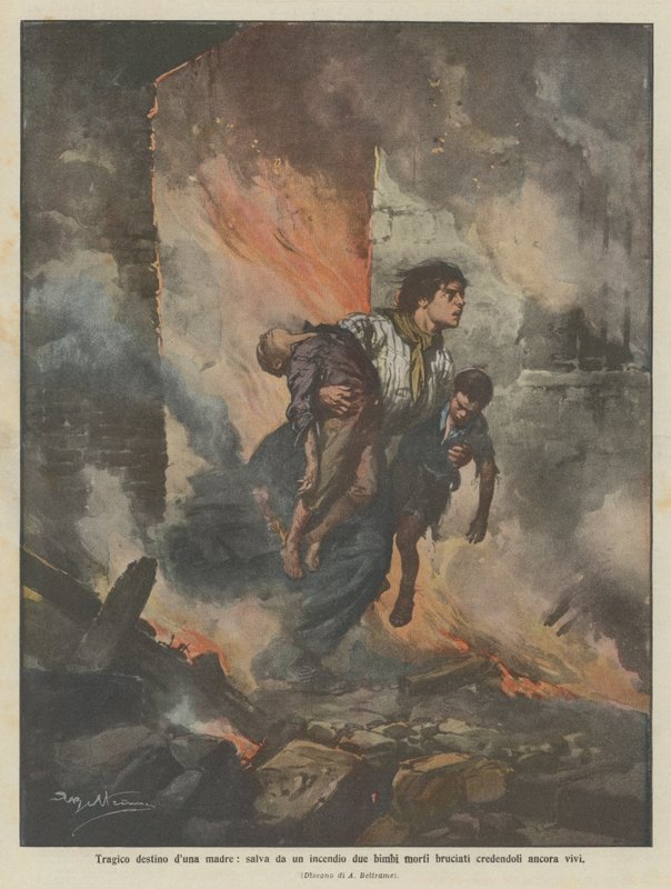 Destino trágico duna mãe, salva de um incêndio duas crianças mortas queimadas acreditando que ainda estão vivas de Achille Beltrame