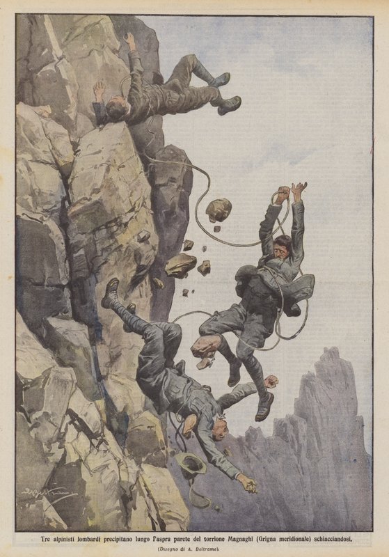 Três montanhistas lombardos mergulham ao longo da parede íngreme da torre de Magnaghi (sul de Grigna) esmagando de Achille Beltrame