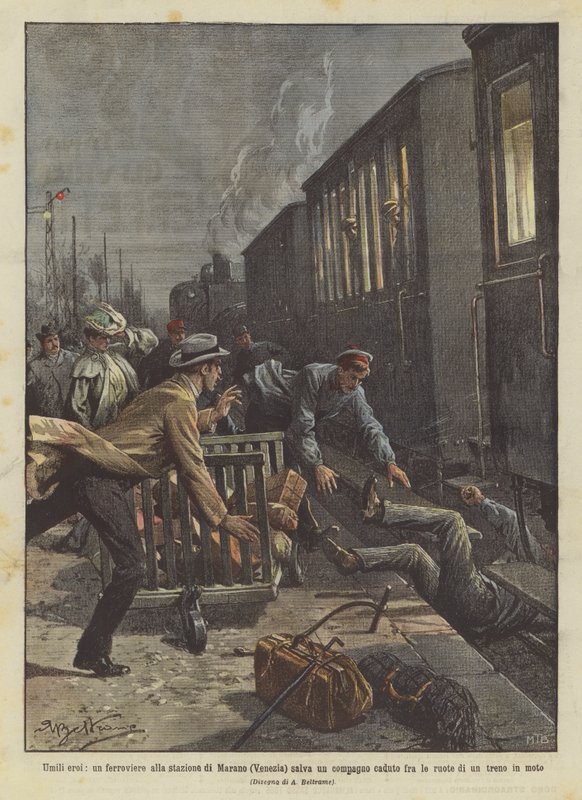 Humildes heróis, um ferroviário na estação de Marano (Veneza) salva um companheiro caído entre as rodas de Achille Beltrame