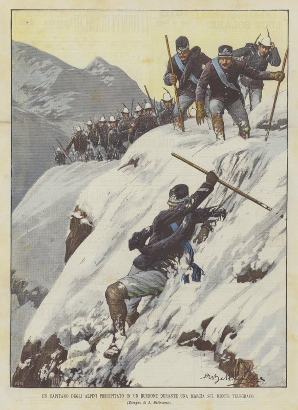 Um capitão dos Alpini correu em um barranco durante uma marcha no monte Telegraph de Achille Beltrame